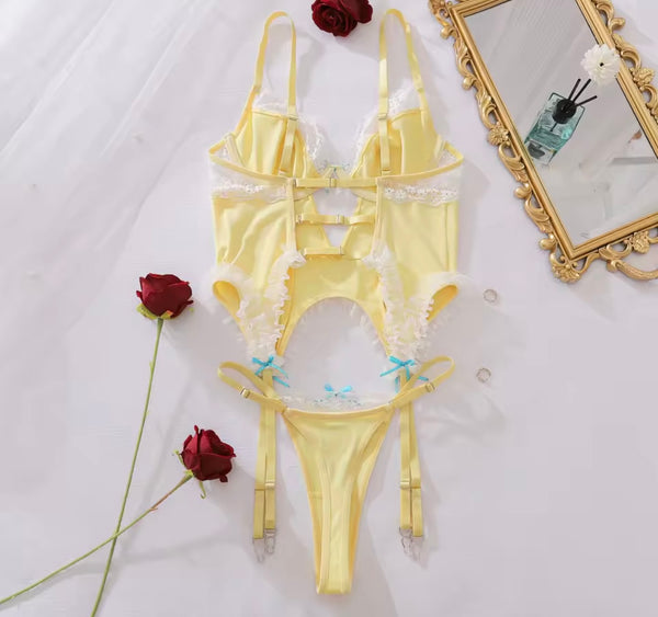 Women Yellow Ruffled Sexy Bow Lingerie Set