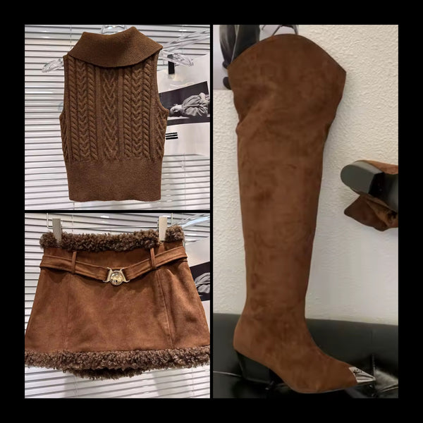 Women Brown Sleeveless Fashion Two Piece Suede Fur Skirt Set