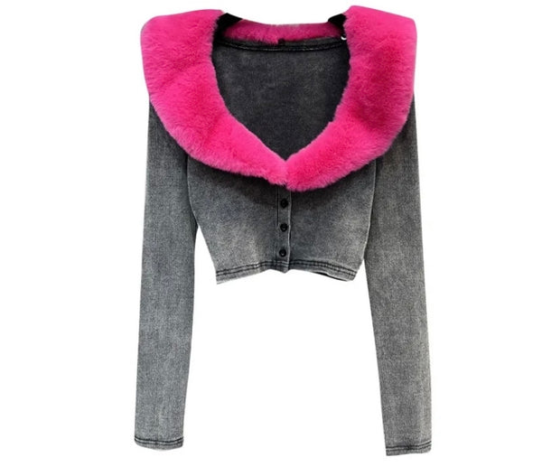 Women Fashion Button Up Faux Fur Patchwork Full Sleeve Top