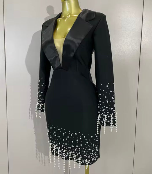 Women Black Pearl Embellishment Full Sleeve Blazer Dress