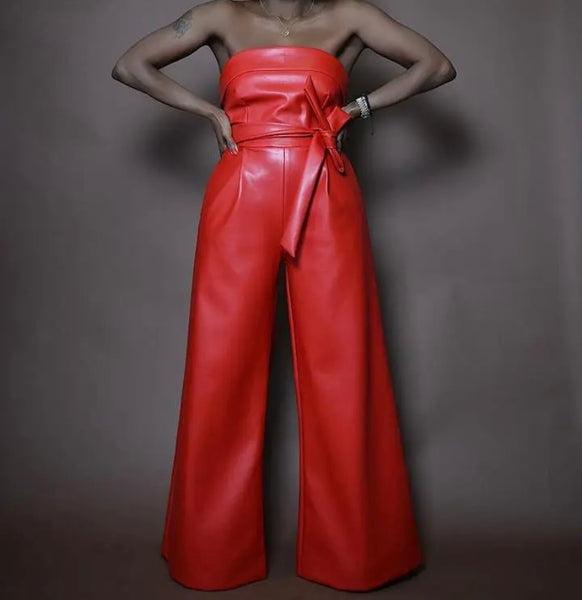 Women Sexy Fashion Strapless Faux Leather Wide Leg Jumpsuit