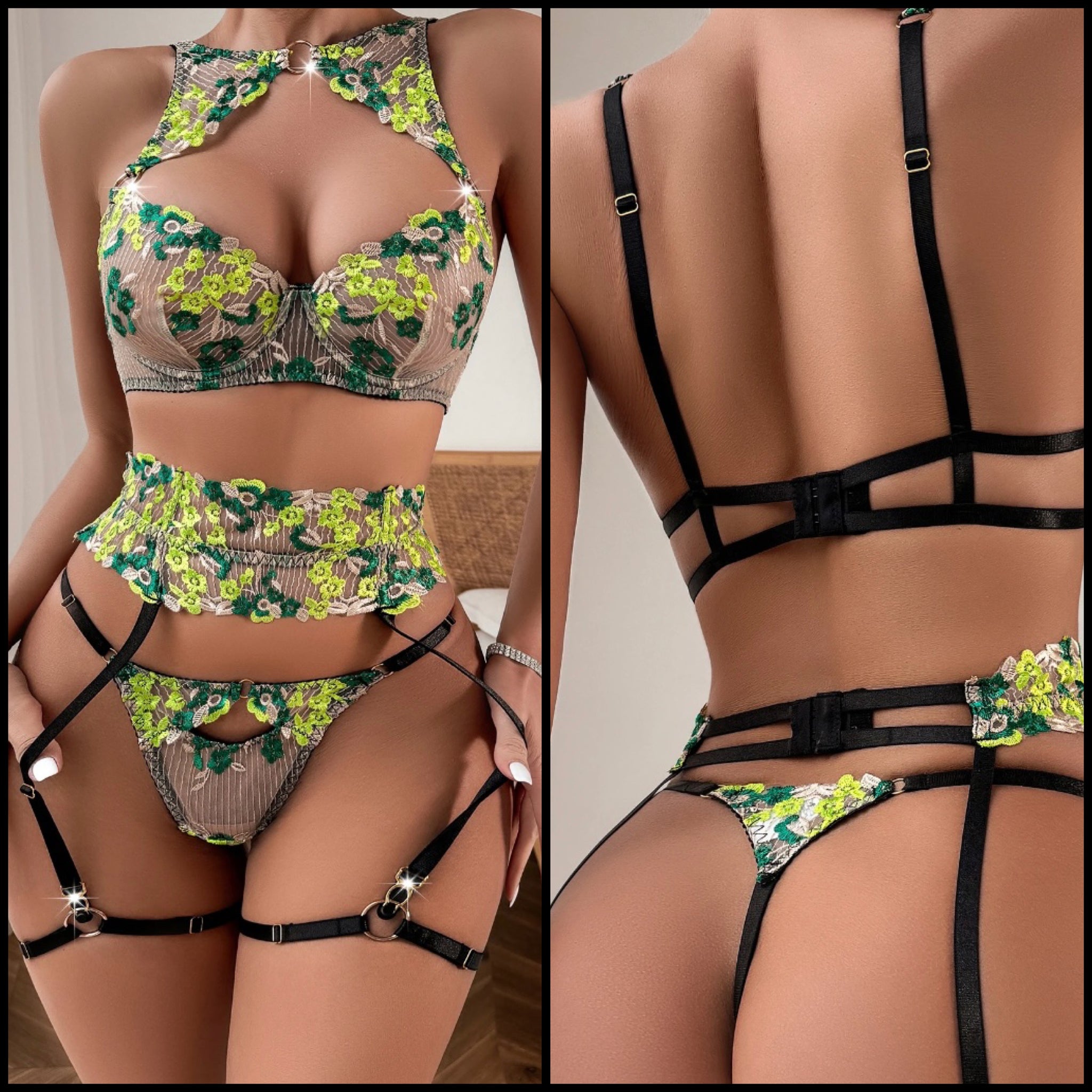 Women Sexy Printed Mesh Color Patchwork Lingerie Set