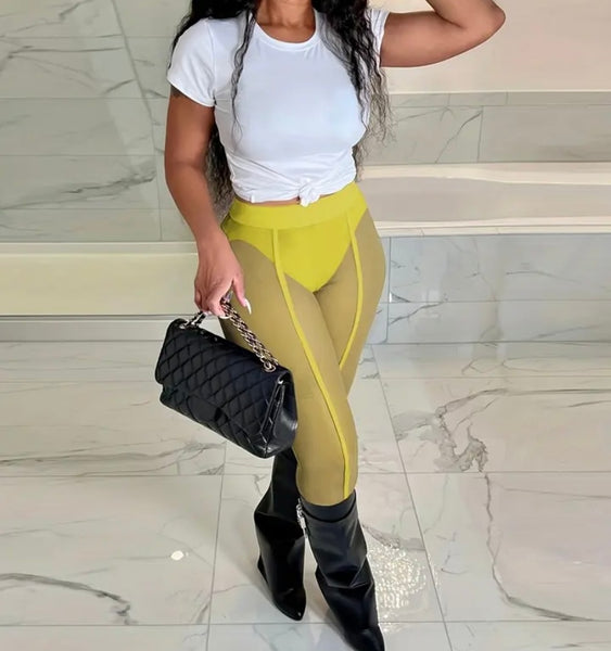 Women Sexy Fashion Yellow Mesh Pants