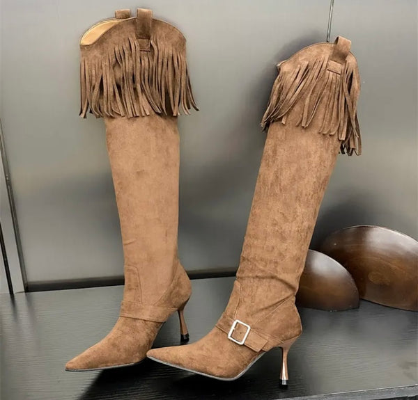 Women Fashion Suede Tassel Buckled Knee High Boots