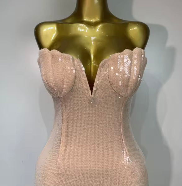 Women Sexy Pink Strapless Sequins Maxi Dress