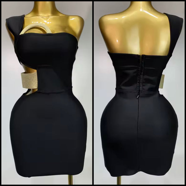 Women Black Sexy One Shoulder Sleeveless Cut Out Bandage Dress