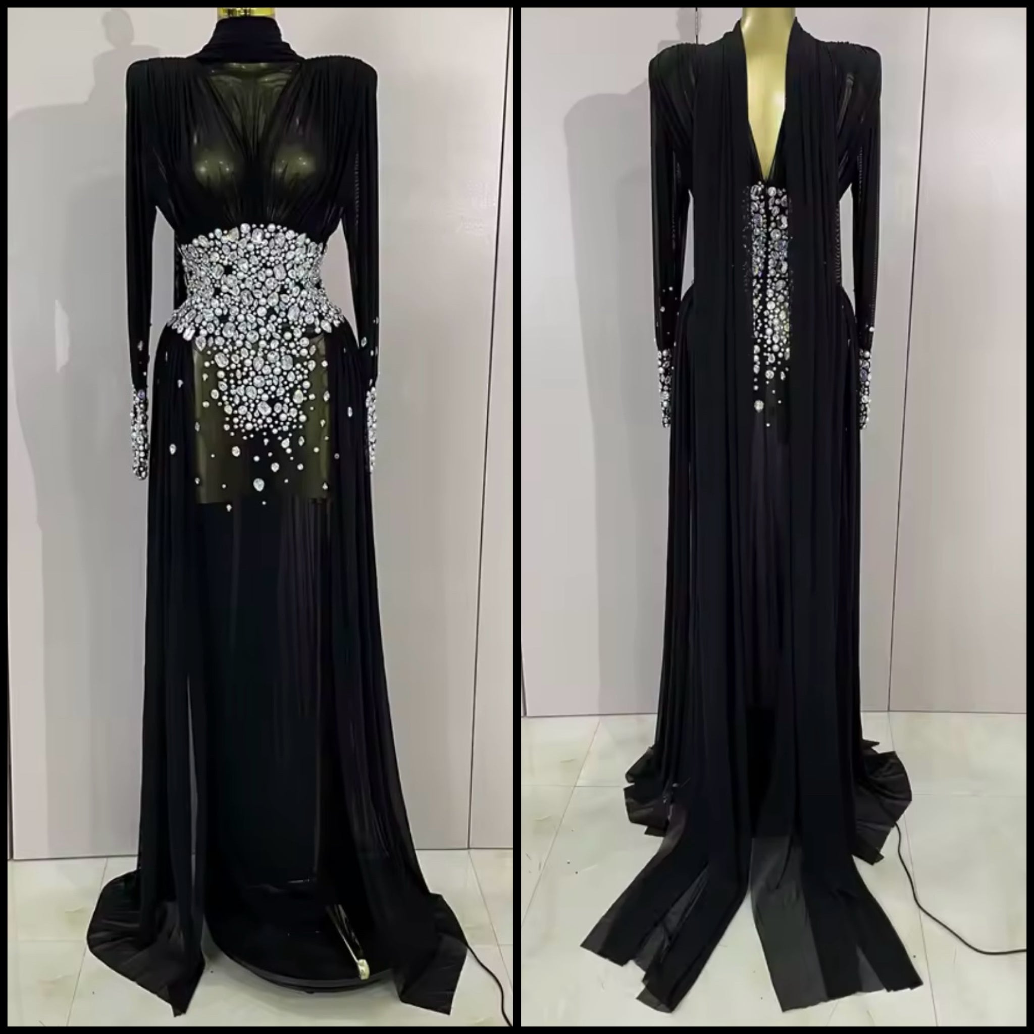 Women Sexy Rhinestone See Through Ruched Mesh Maxi Dress