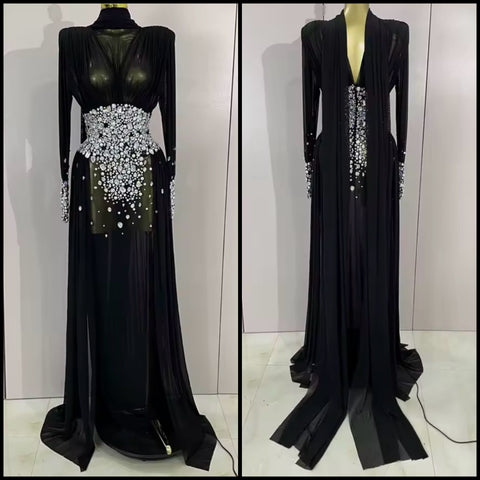 Women Sexy Rhinestone See Through Ruched Mesh Maxi Dress