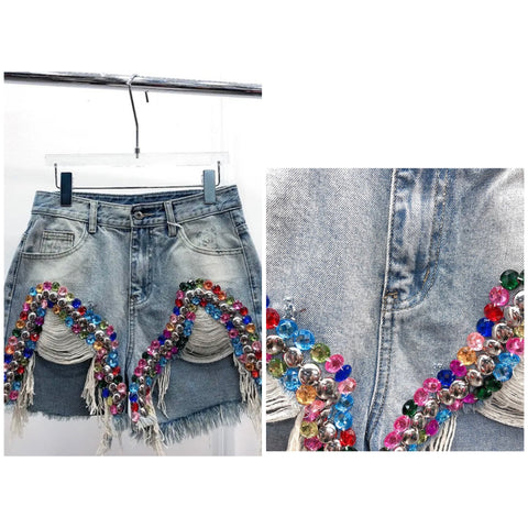 Women Fashion Ripped Colorful Rhinestone Denim Shorts