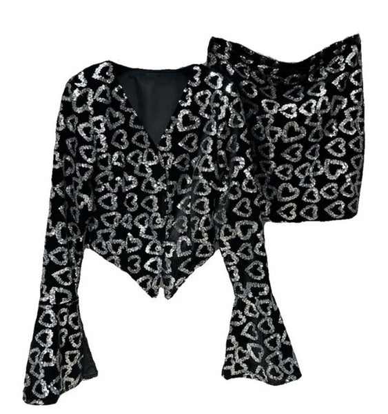 Women Sexy Sequins Heart Print Two Piece Full Sleeve Skirt Set