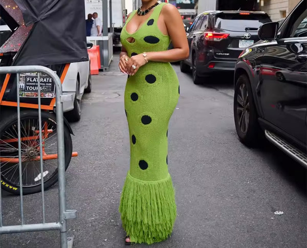 Women Sexy Sleeveless Green Polka Dot Knitted Fringe Maxi Dress