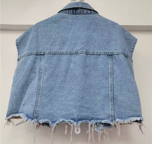 Women Sleeveless Graffiti Pearl Denim Two Piece Pant Set