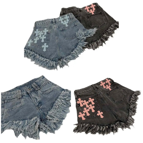 Women Fashion Fringe Color Cross Denim Shorts