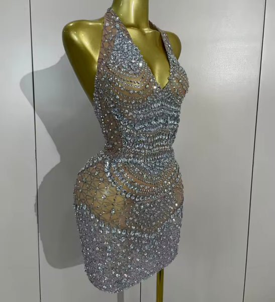Women Silver Halter Sleeveless Open Back Rhinestone Sexy Dress