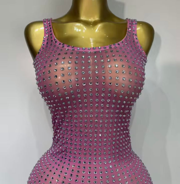 Women Sexy Sleeveless Pink Bling Rhinestone Mesh Maxi Dress