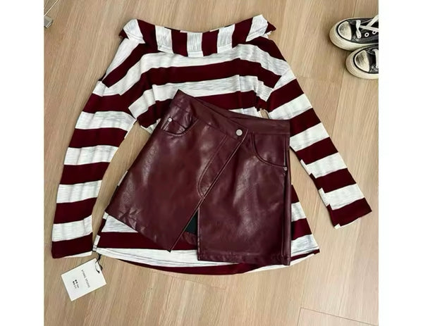 Women Fashion Striped Full Sleeve Two Piece PU Skirt Set