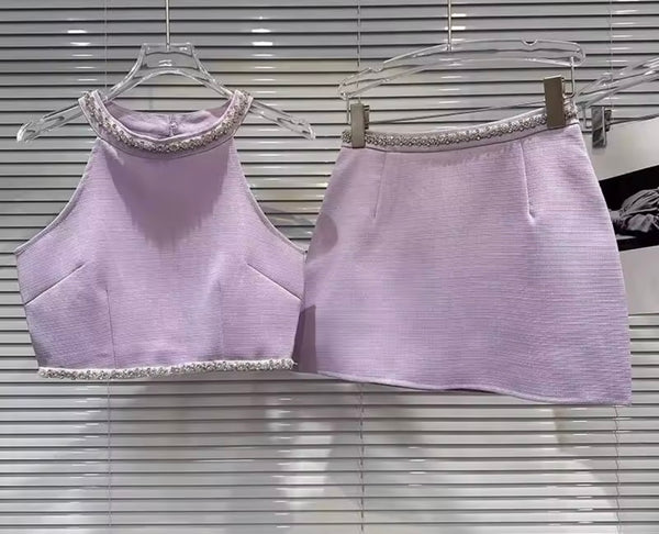 Women Sleeveless Rhinestone Two Piece Tweed Skirt Set