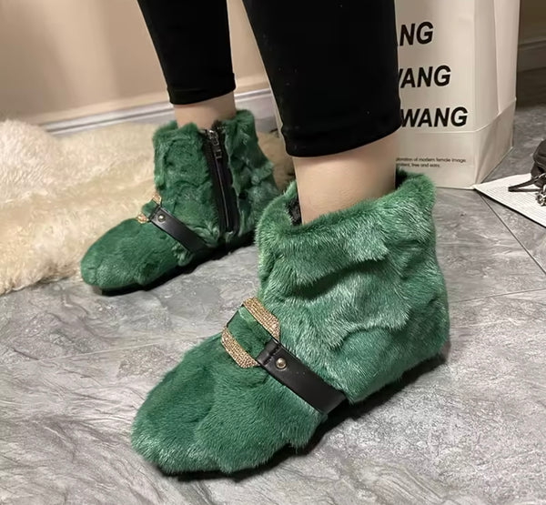 Women Fashion Bling Buckled Faux Fur Ankle Boots