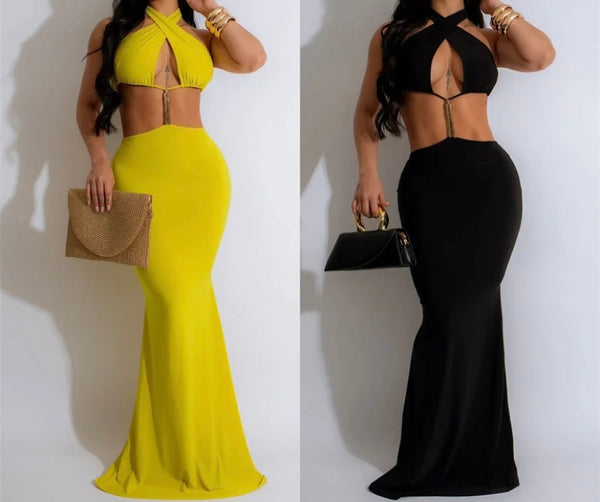 Women Sexy Sleeveless Criss-Cross Halter Open Back Maxi Dress