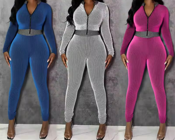 Women Zip Up Striped Full Sleeve Fashion Two Piece Pant Set