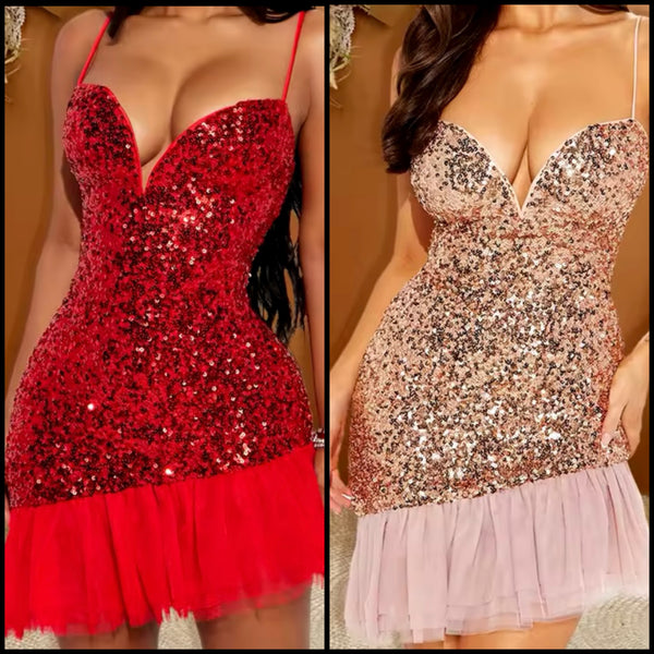 Women Sexy Sequins Sleeveless Ruffled Dress