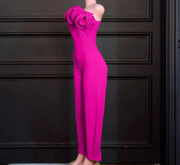 Women Sexy Pink Ruffled One Shoulder Jumpsuit