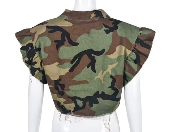 Women Fashion Camouflage Button Up Ruffled Short Sleeve Top