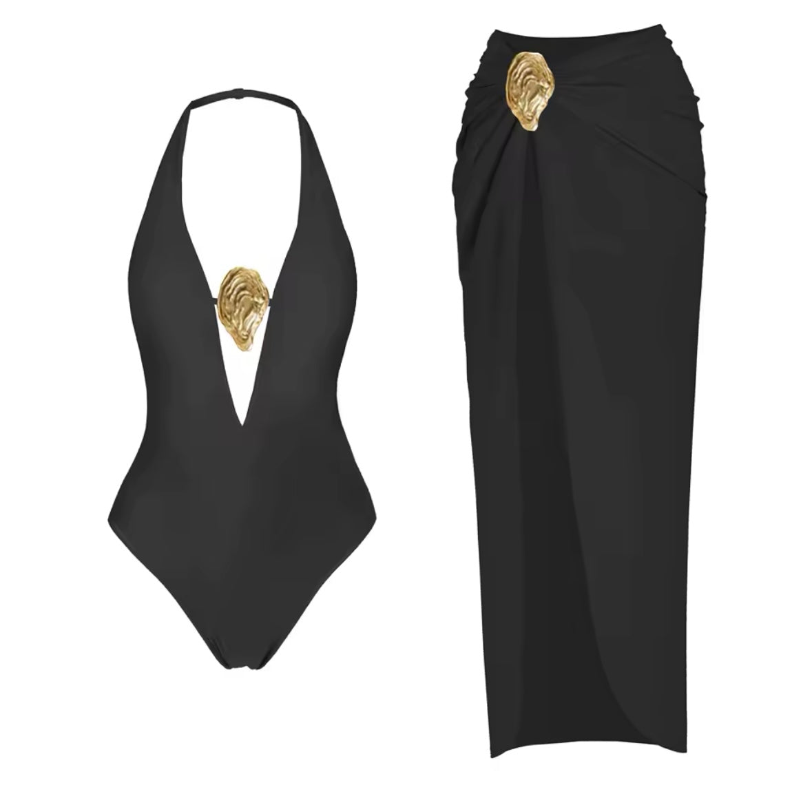Women Sexy Solid Color Gold Metal Cut Out Halter Swimsuit Cover Up Set