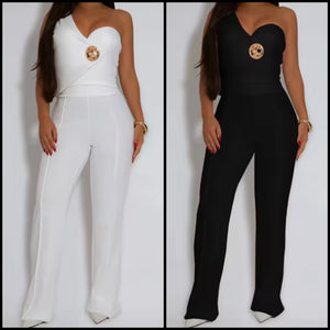 Women One Shoulder Sleeveless Solid Color Two Piece Pant Set