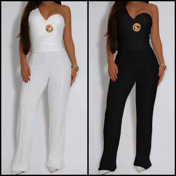 Women One Shoulder Sleeveless Solid Color Two Piece Pant Set