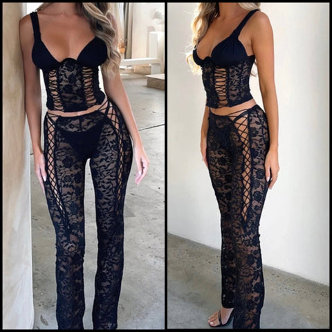 Women Sexy Black Sleeveless Lace Two Piece Pant Set