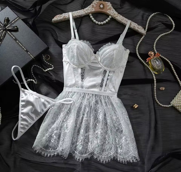 Women Sexy White Lace Nightgown Lingerie Set