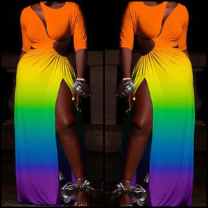 Women Sexy Cut Out Rainbow Maxi Dress