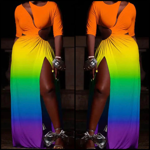 Women Sexy Cut Out Rainbow Maxi Dress