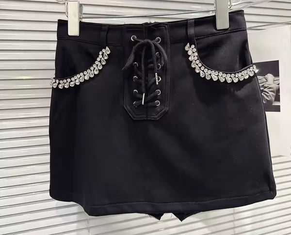 Women Fashion Rhinestone Sweater Two Piece Skirt Set