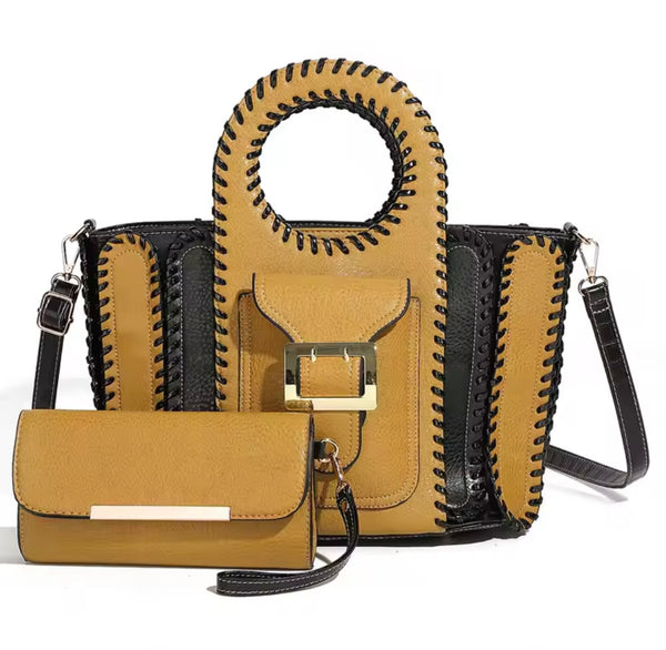 Women Fashion Color Patchwork Buckled Wallet Purse Set