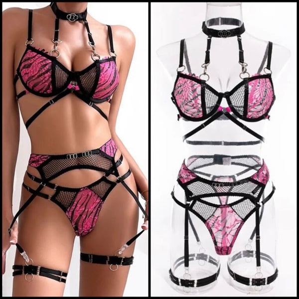 Women Sexy Choker Color Patchwork Mesh Lingerie Set