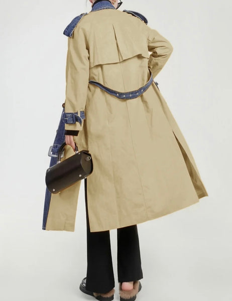 Women Fashion Khaki Denim Patchwork Trench Jacket