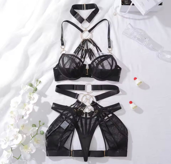 Women Sexy Black Choker Metal Mesh Lingerie Set