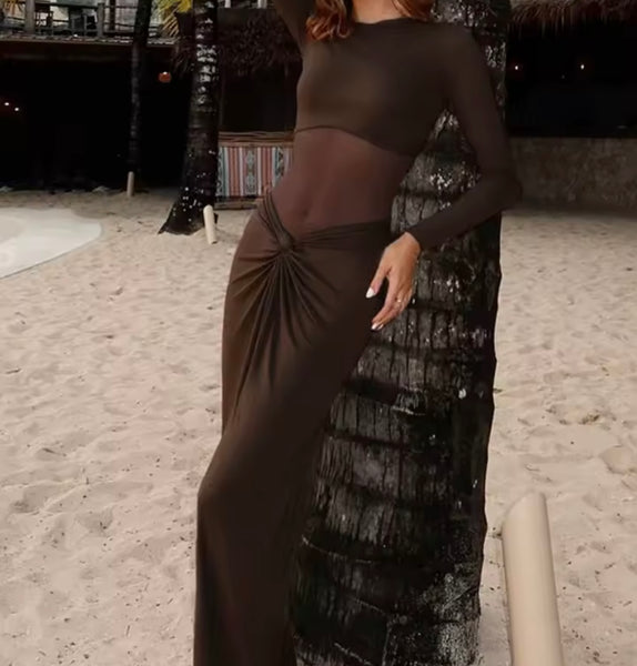 Women Sexy Mesh Patchwork Full Sleeve Ruched Maxi Dress