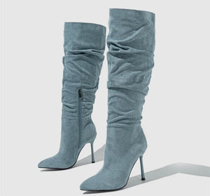 Women Fashion Ruched Pointed Toe Knee High Boots