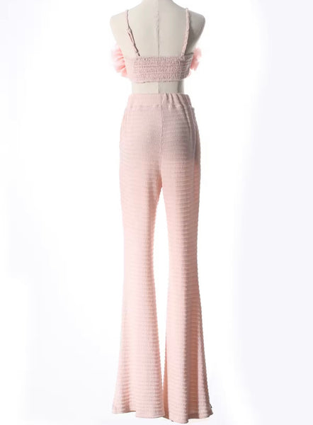 Women Pink Sexy 3D Floral Sleeveless Two Piece Pant Set