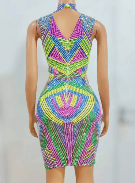 Women Sexy Sleeveless Multicolored Rhinestone Dress