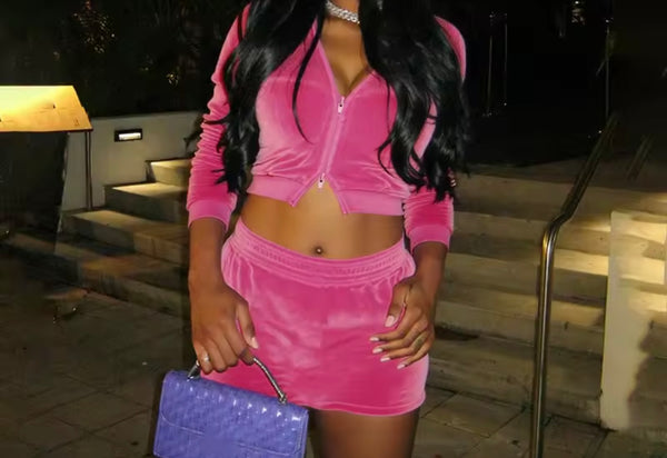 Women Pink Hooded Zip Up Full Sleeve Velour Two Piece Skirt Set