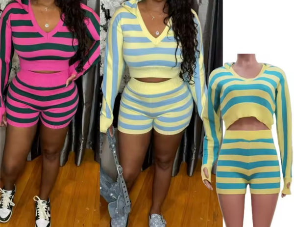 Women Fashion Full Sleeve Hooded Striped Two Piece Short Set