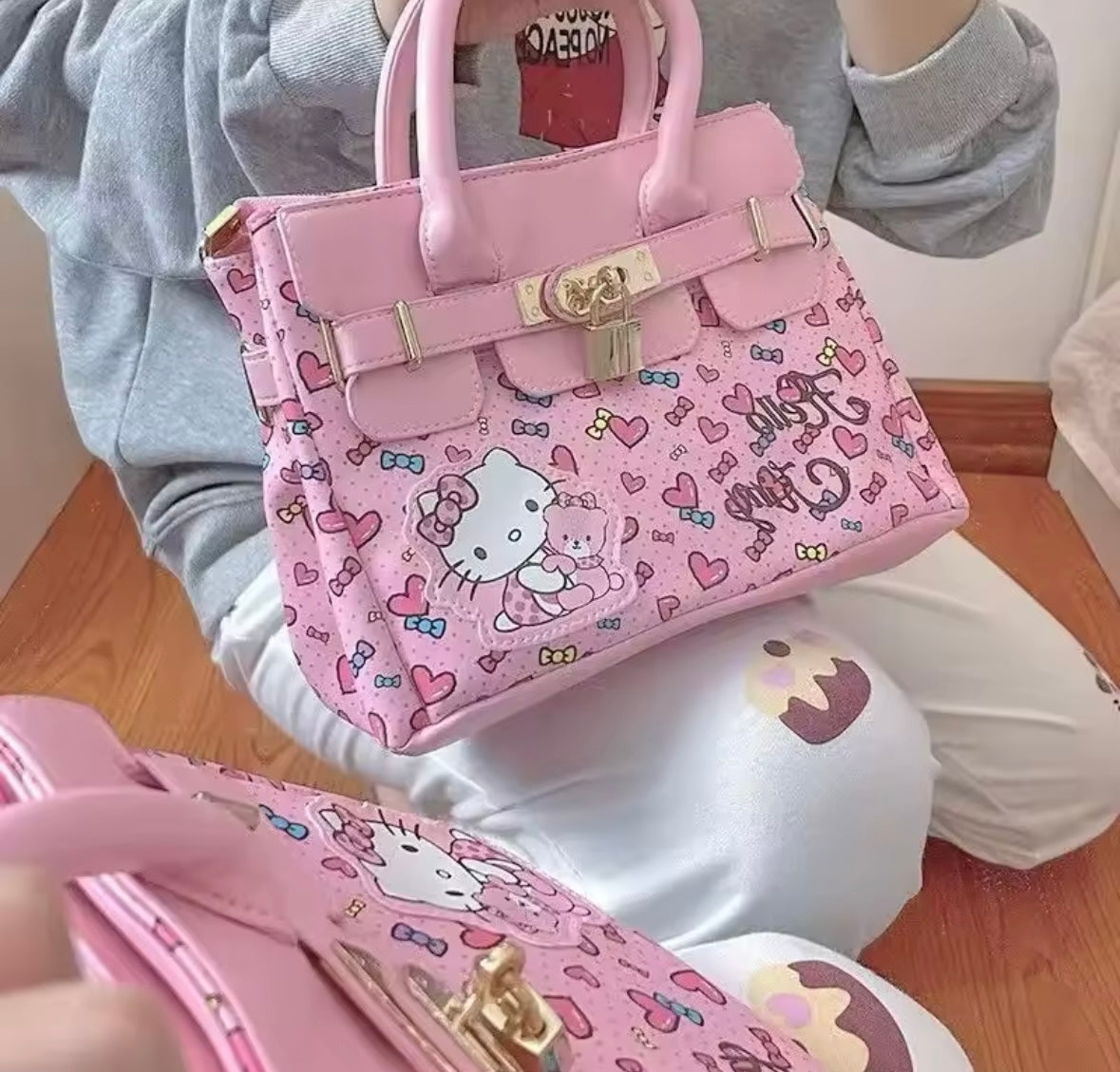 Women Fashion Pink Hello Kitty Faux Leather Handbag Purse