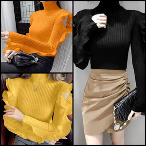 Women Fashion Turtleneck Ruffled Full Sleeve Ribbed Top