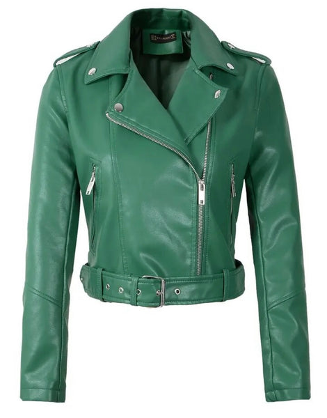Women Color Zip Up Buckled Faux Leather Fashion Jacket