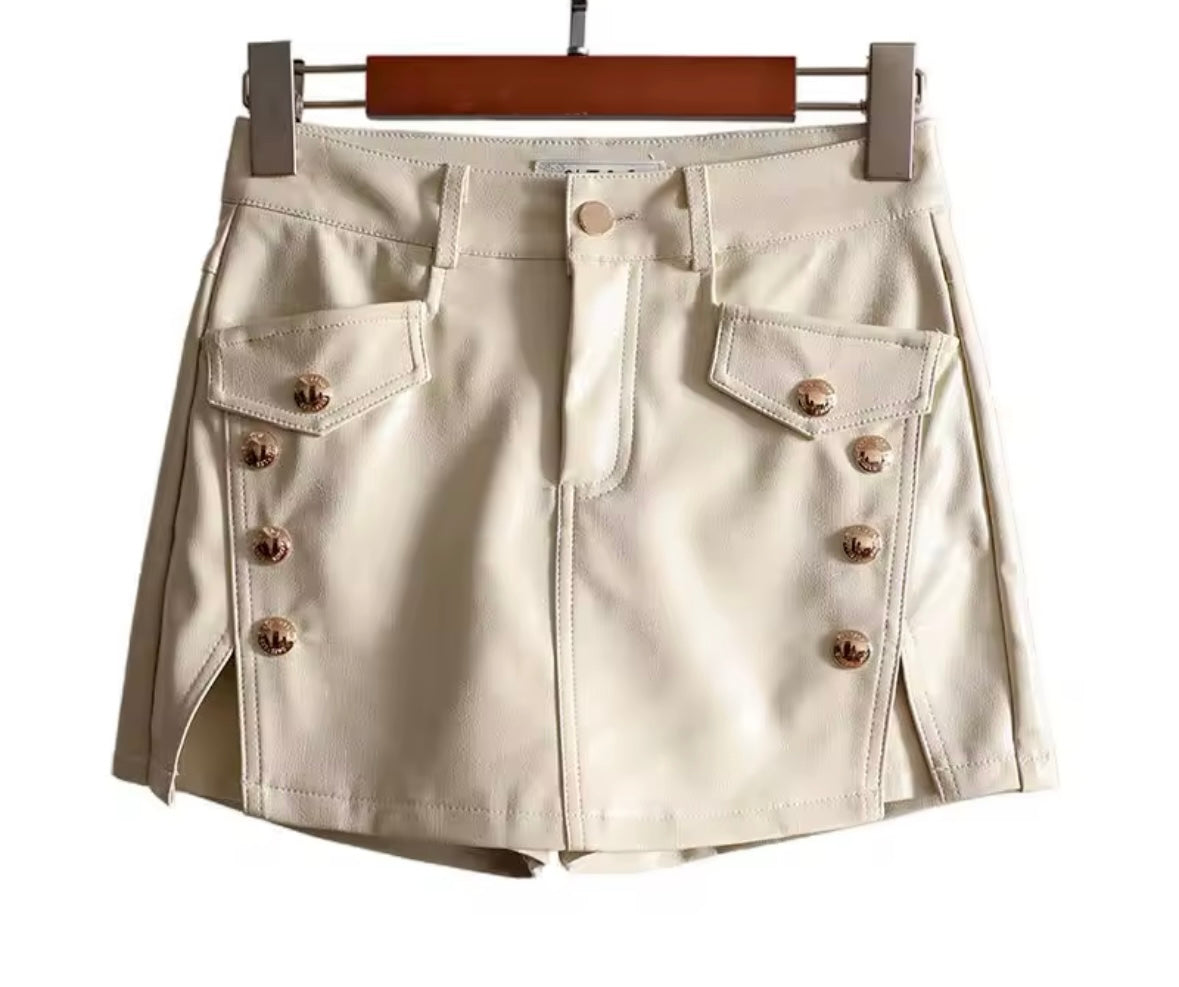 Women Color Fashion Faux Leather Button Wrap Shorts