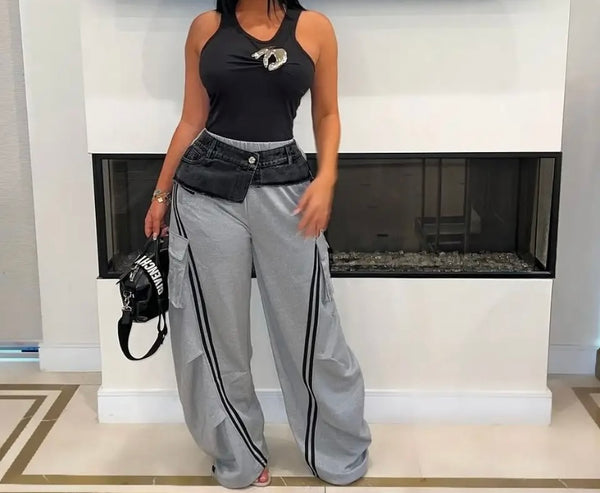 Women Fashion Denim Patchwork Striped Sweatpants